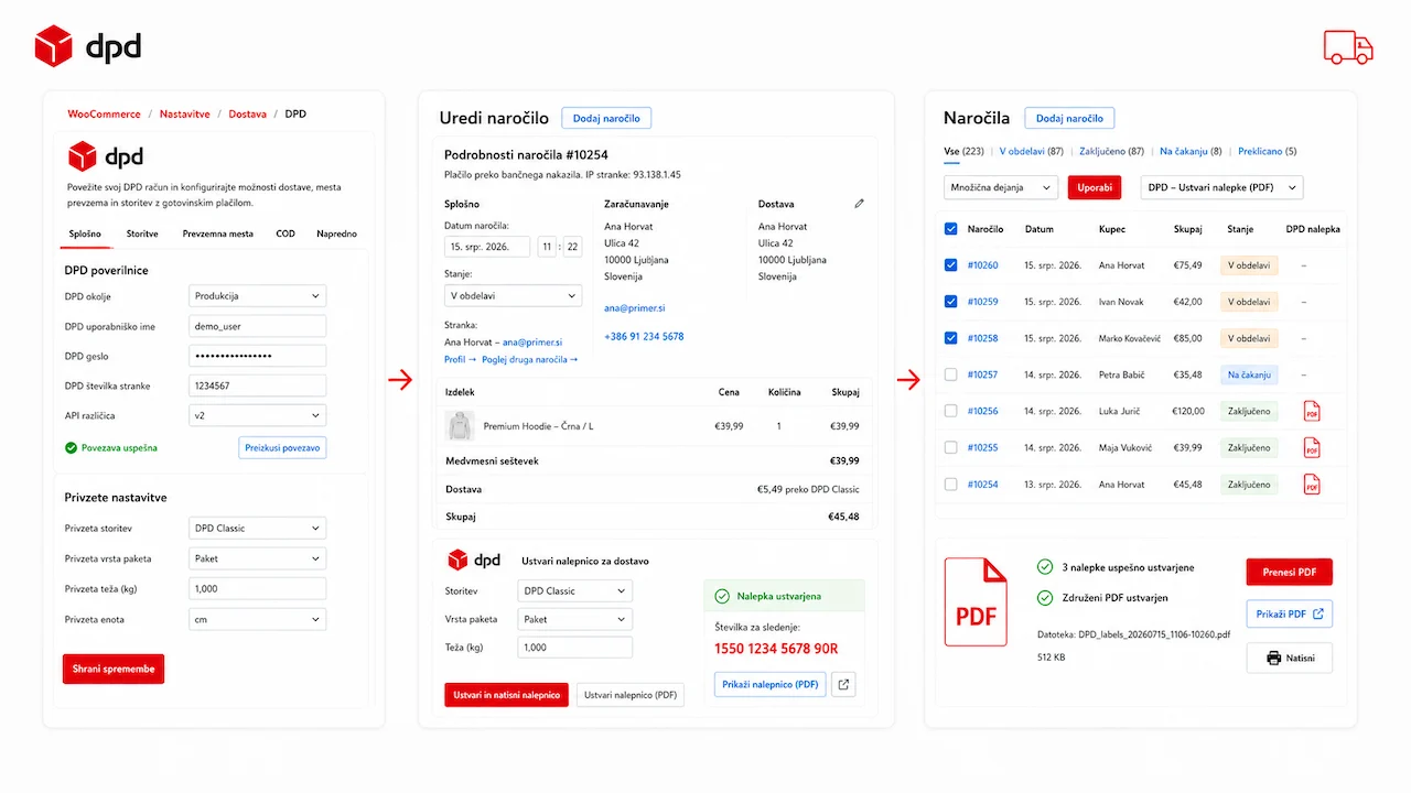 WooCommerce seznam naročil z izbrano DPD množično akcijo