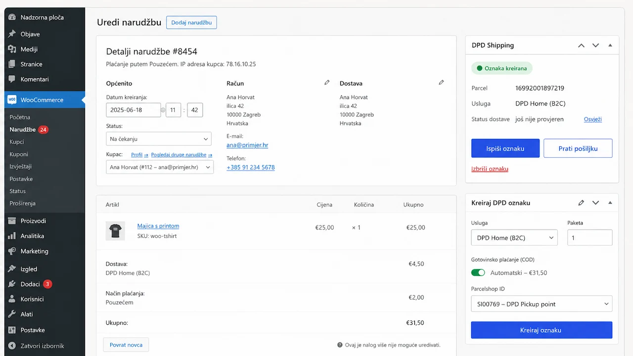 DPD panel pri WooCommerce naročilu: storitev, povzetek in nalepka